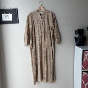 Pietsie Atlin Floral Cotton Long Sleeve Henley Trapeze Shift Midi Dress Size XS